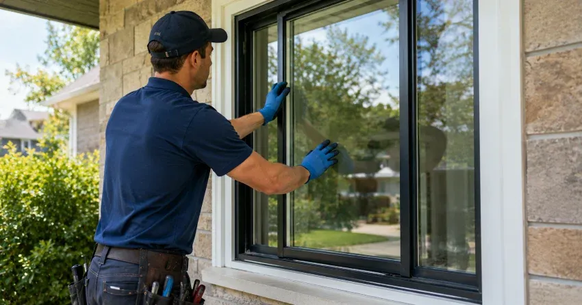 technician measuring a broken window pane for replacement in Windfields, Oshawa