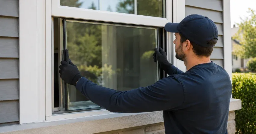 technician boarding up broken window during emergency glass repair Farewell, Oshawa