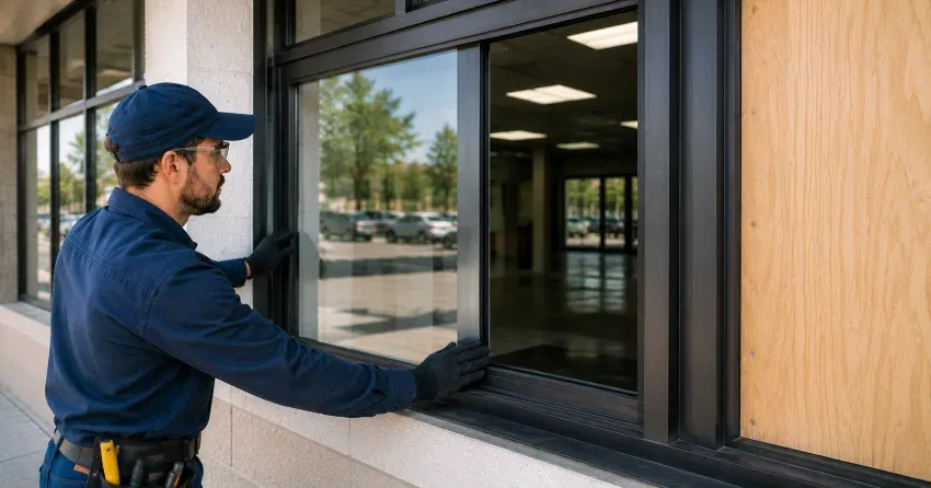 technician boarding a broken window after a break-in in Northglen, Oshawa