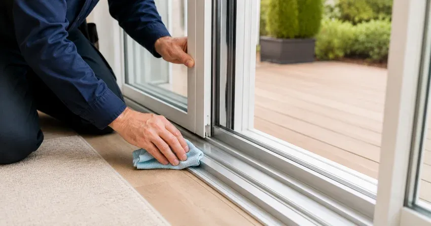 technician inspecting a sliding patio door track in Vanier, Oshawa