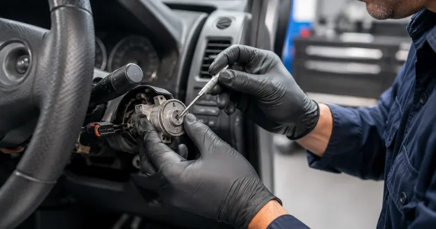 technician diagnosing an ignition lock repair issue in Windfields, Oshawa
