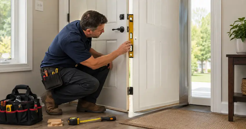 technician diagnosing a misaligned door frame in Windfields, Oshawa