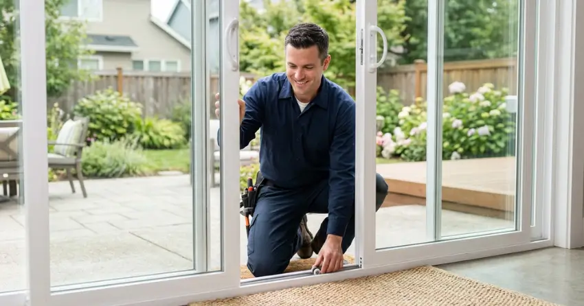 technician diagnosing a sticking patio door in Raglan, Oshawa