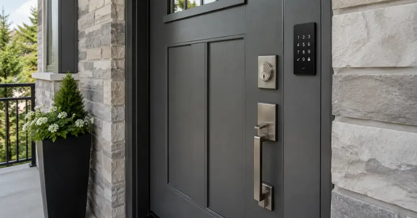 High-security door hardware and access control keypad installed on a residential entry door in Vanier, Oshawa