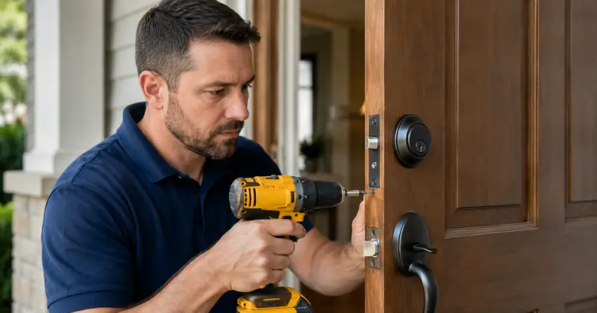 technician installing a new deadbolt during Change Door Lock Raglan, Oshawa service