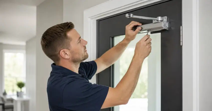 technician adjusting door closer hydraulic valve in Northglen, Oshawa home
