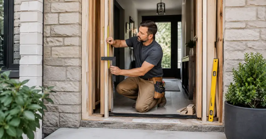 exterior door installer assessing rough opening in Vanier, Oshawa