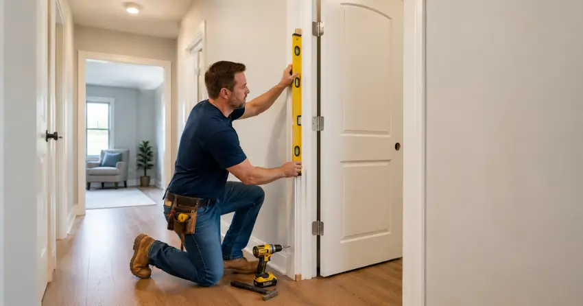 technician installing a pre-hung interior door in a home hallway Pinecrest, Oshawa