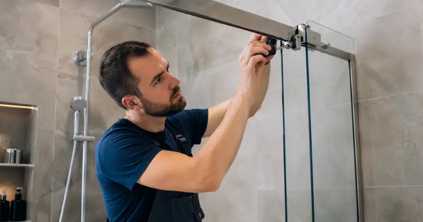 technician adjusting shower door hinge and track in Kedron, Oshawa