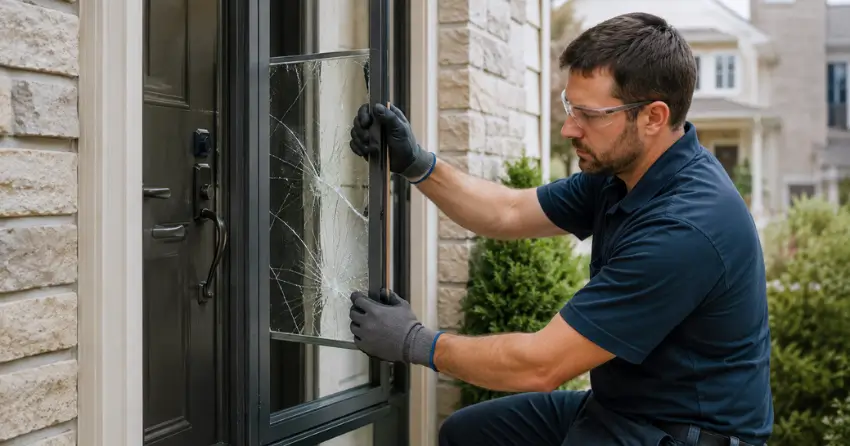 technician removing cracked storm door glass panel in McLaughlin, Oshawa