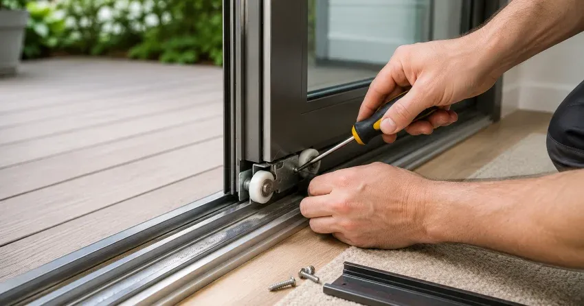 sliding door fix Windfields, Oshawa technician diagnosing track issue