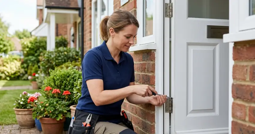 technician repairing exterior door hinge and frame in Samac, Oshawa