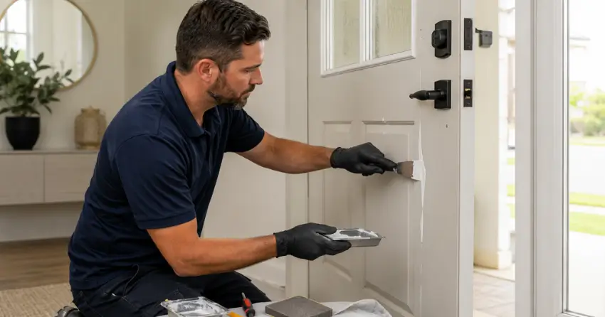 technician repairing fiberglass door surface crack in Raglan, Oshawa