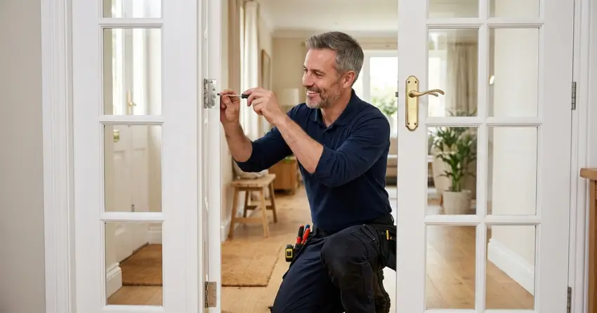 technician adjusting French door hinge for proper alignment in Samac, Oshawa