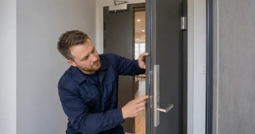 technician inspecting fire-rated door seal and hardware in Taunton, Oshawa