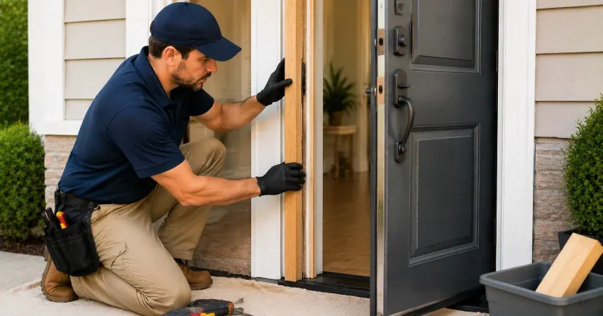 technician inspecting damaged door frame corner in Windfields, Oshawa